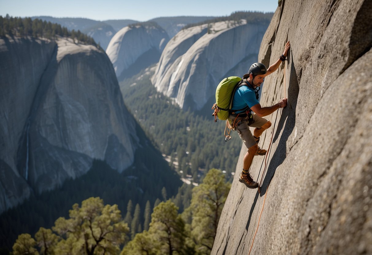 A climber ascends a steep rock face in Yosemite, surrounded by towering granite cliffs and lush greenery. The challenging route requires precise footwork and strong technique