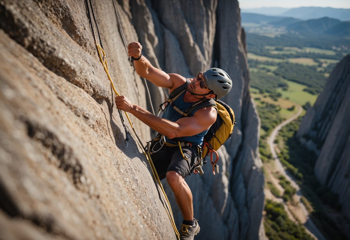 An adventurous climber tackles a challenging route in the iconic Needles rock formation, surrounded by rugged cliffs and breathtaking views