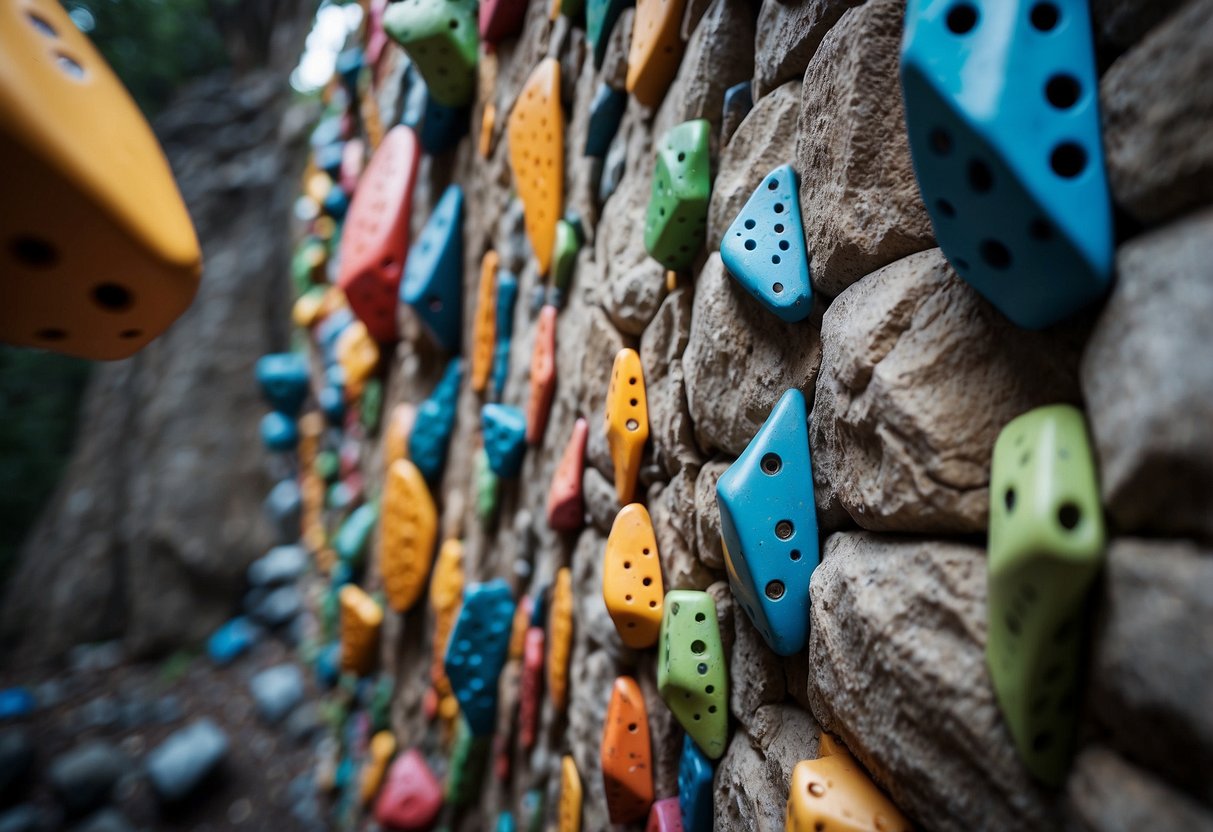 A rock wall with various climbing routes, including overhangs, cracks, and slabs. Colorful holds and grips are scattered throughout the wall, offering a range of difficulty levels for climbers to tackle