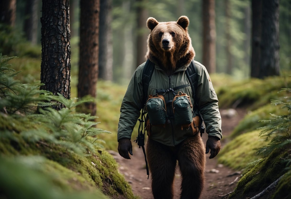 A bear stands near a trail, surrounded by dense forest. A hiker carries bear spray and makes noise while climbing. Food is stored in bear-proof containers