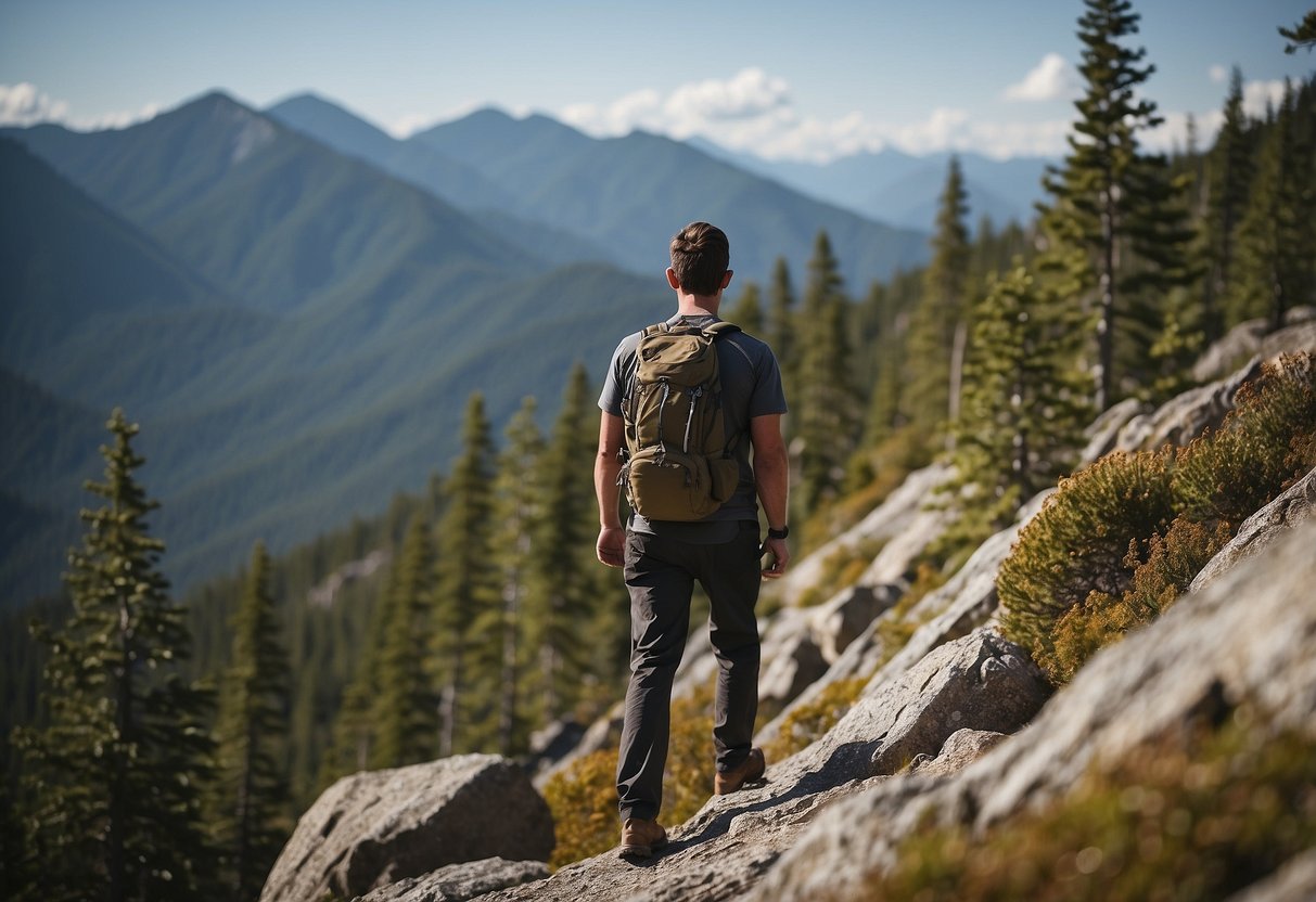 Hiker holds bear spray while climbing in bear country. Rocky terrain, dense forest, and distant mountains in the background