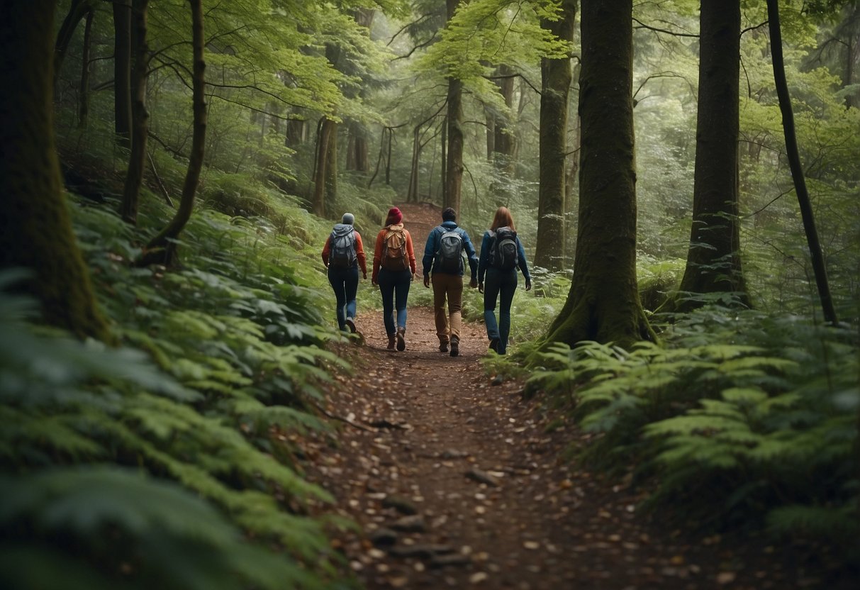 Hikers walking through a dense forest, with trees and bushes surrounding them. The sound of their footsteps and rustling leaves fills the air as they follow a narrow trail