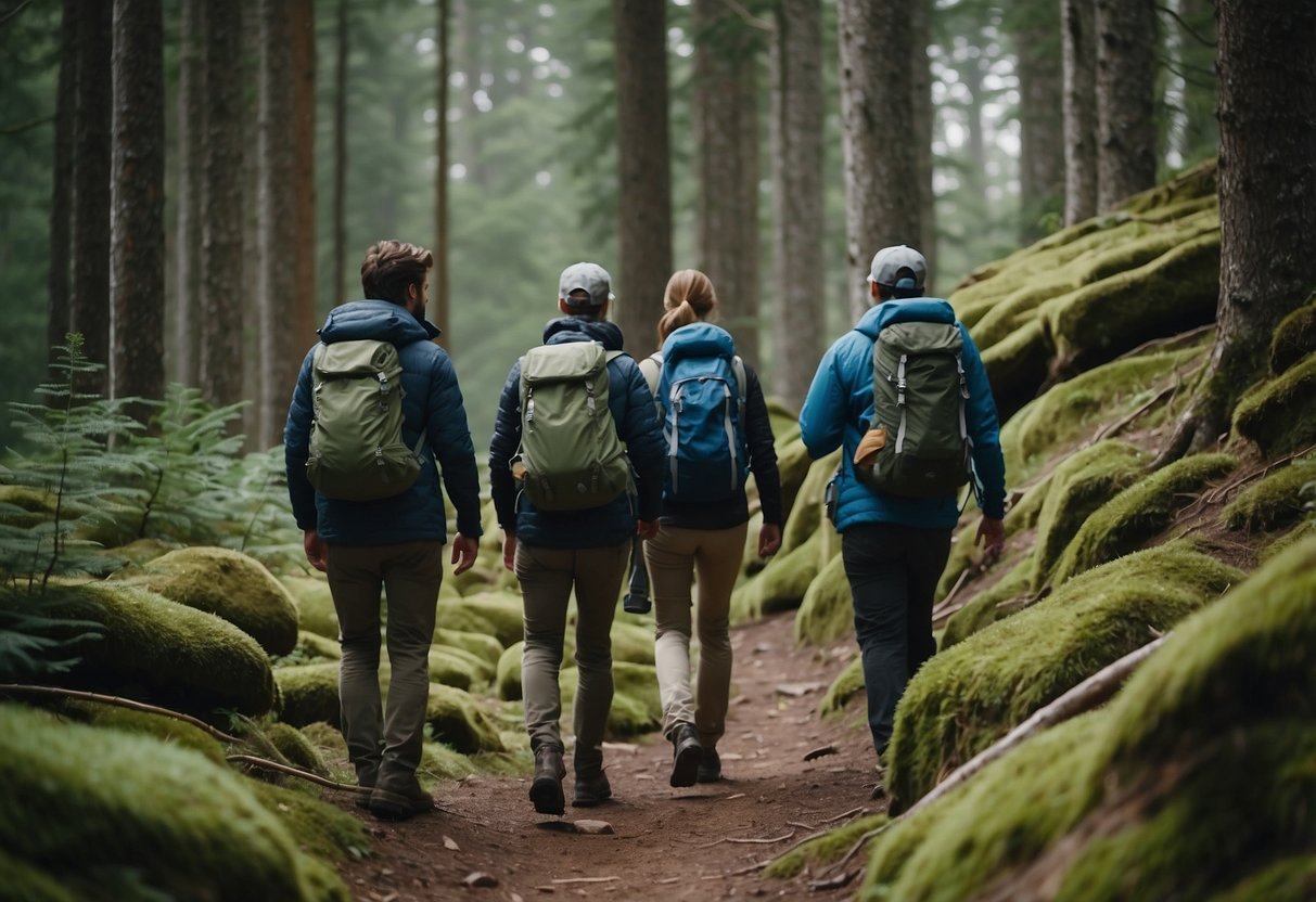 Hikers navigate rocky trail, surrounded by dense forest. Bear warning signs posted. Group stays close, talking and scanning surroundings