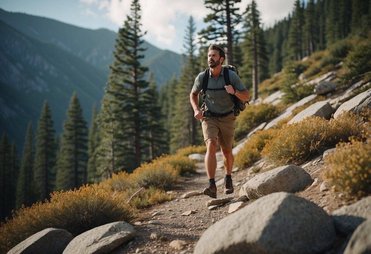 A hiker blows a whistle while traversing a rocky trail in bear country. Pine trees and a mountainous landscape provide the backdrop