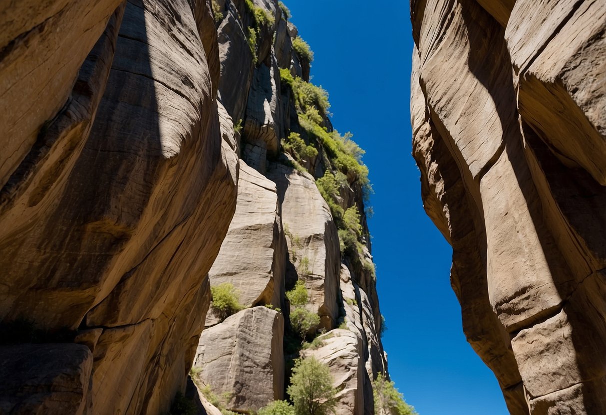 Rock formations jut out from lush green landscapes. A clear blue sky stretches above, as climbers scale the challenging cliffs