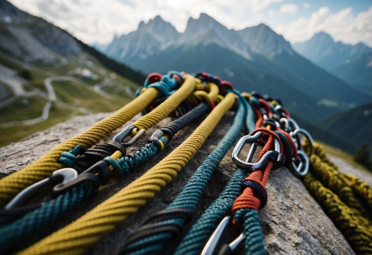 A rocky mountain landscape with climbing ropes, carabiners, and harnesses laid out. In the background, iconic European climbing destinations like the Dolomites and Mont Blanc can be seen