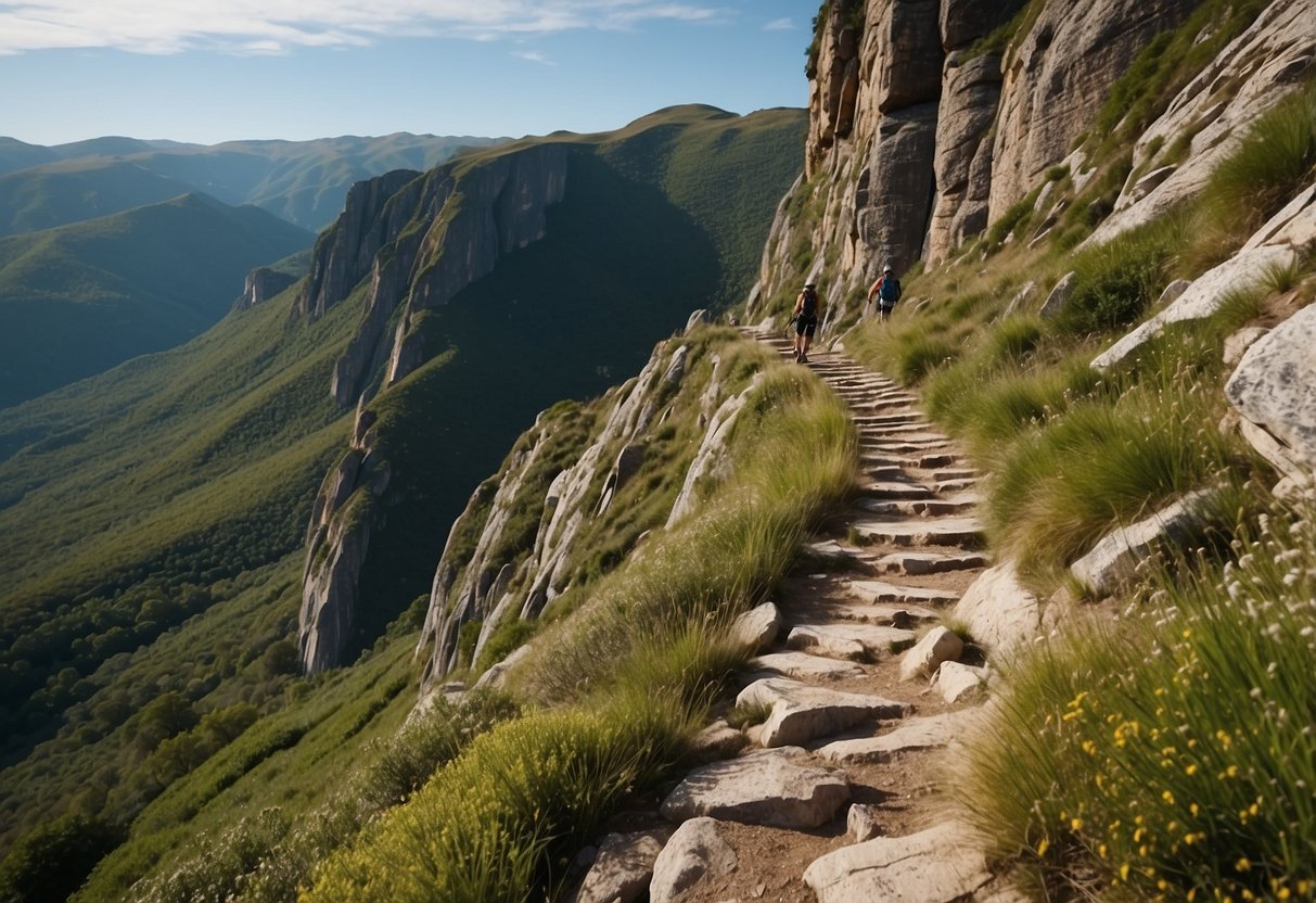 Rocky cliffs jutting out of lush green landscapes, with winding trails leading to the top. Clear blue skies and the occasional glimpse of climbers scaling the vertical faces