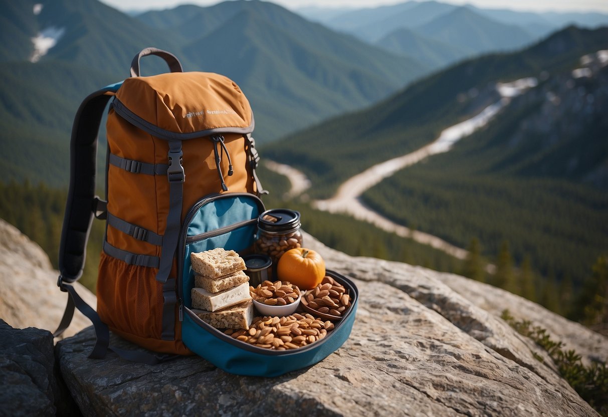 A backpack open on a rocky ledge, filled with granola bars, trail mix, and dried fruit. Climbing gear and ropes scattered nearby