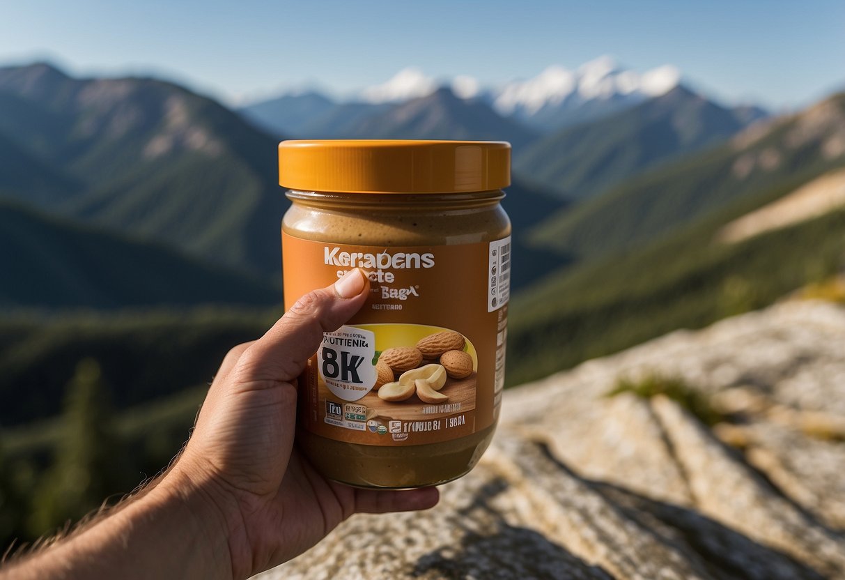 A hand reaches into a backpack, pulling out a ProBar Bite Organic Peanut Butter snack. Climbing gear and a scenic mountain backdrop are visible in the background