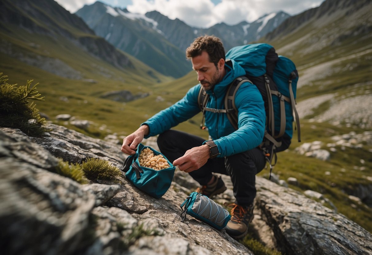 A mountain climber reaches into a backpack, pulling out a GoMacro MacroBar Protein Pleasure snack. The rugged terrain and climbing gear are visible in the background