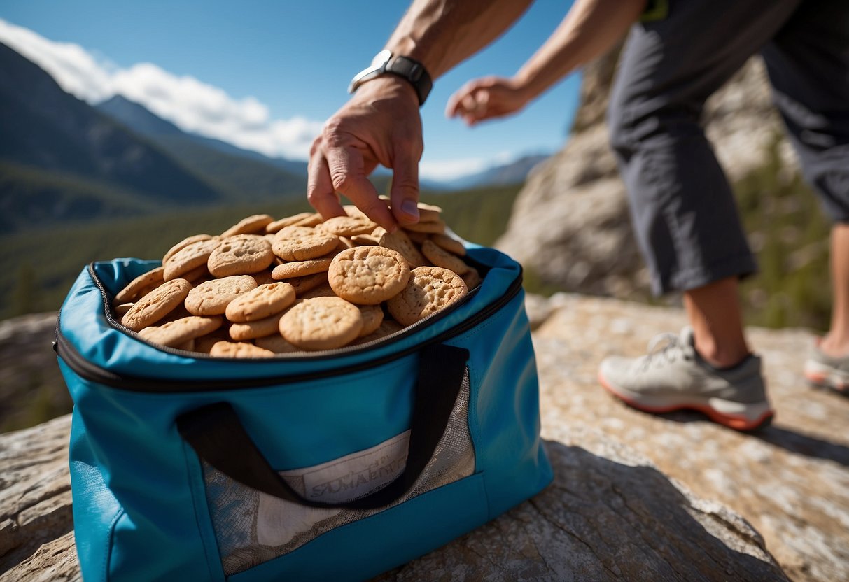 A mountain climber unpacks a bag, revealing LÄRABAR Cashew Cookie snacks. Chalk-covered hands reach for a bar against a backdrop of rocky cliffs and blue sky