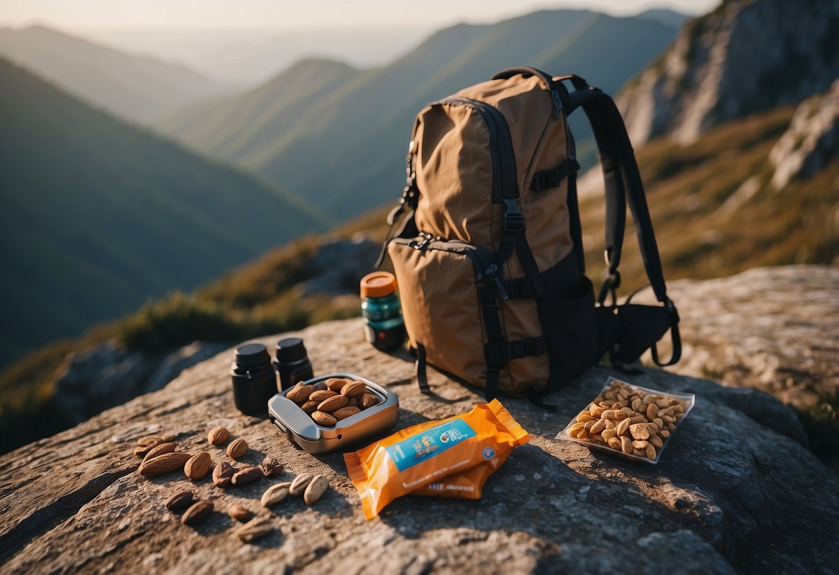 A rocky cliff with climbing gear scattered around, and a backpack open to reveal Kind Bar Almond & Apricot snacks