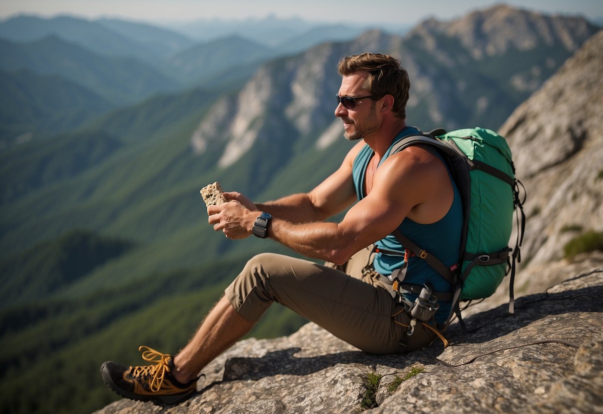 A climber sits atop a rocky peak, snacking on a Oatmega Protein Bar in Chocolate Mint flavor. A backpack and climbing gear are scattered nearby