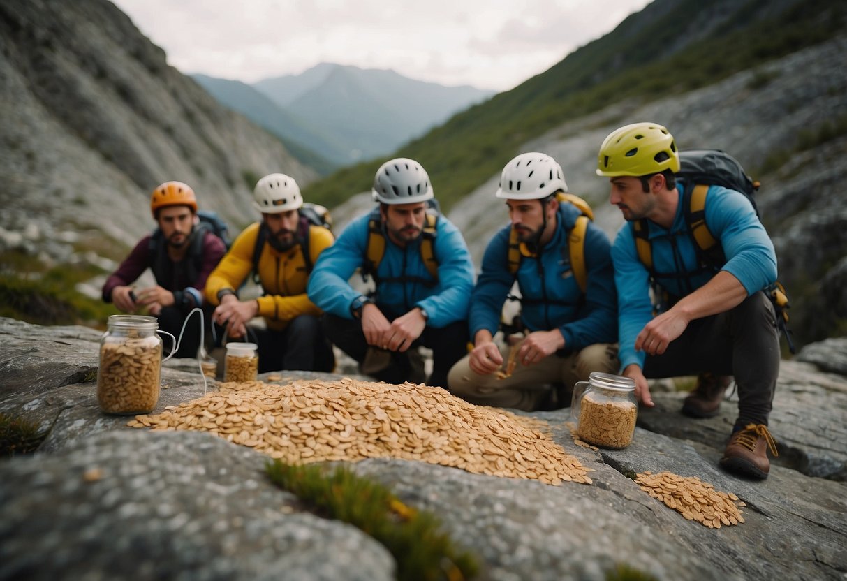 A group of climbers snacking on Nature Valley Crunchy Oats 'n Honey bars while taking a break on a rocky cliff. Chalk bags and climbing ropes scattered around