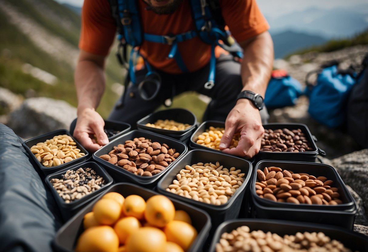 A mountain climber unpacks a backpack filled with lightweight snacks like nuts, dried fruit, and energy bars. The snacks are neatly organized in resealable bags, ready to provide a quick and nutritious boost during the climb