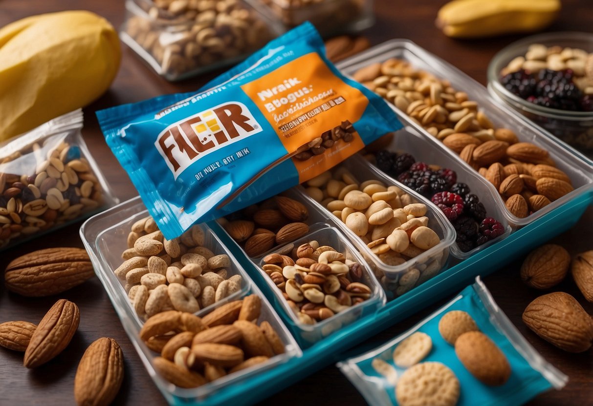 Colorful packaging surrounds various lightweight snacks, arranged neatly in a sturdy storage container. The snacks include energy bars, nuts, dried fruit, and trail mix, ready for a climbing trip