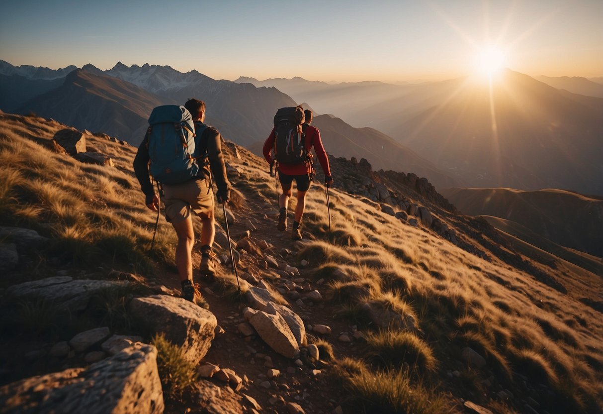 Climbers ascend a rugged mountain trail, navigating steep inclines and rocky terrain. The sun sets in the distance, casting a warm glow on the surrounding peaks