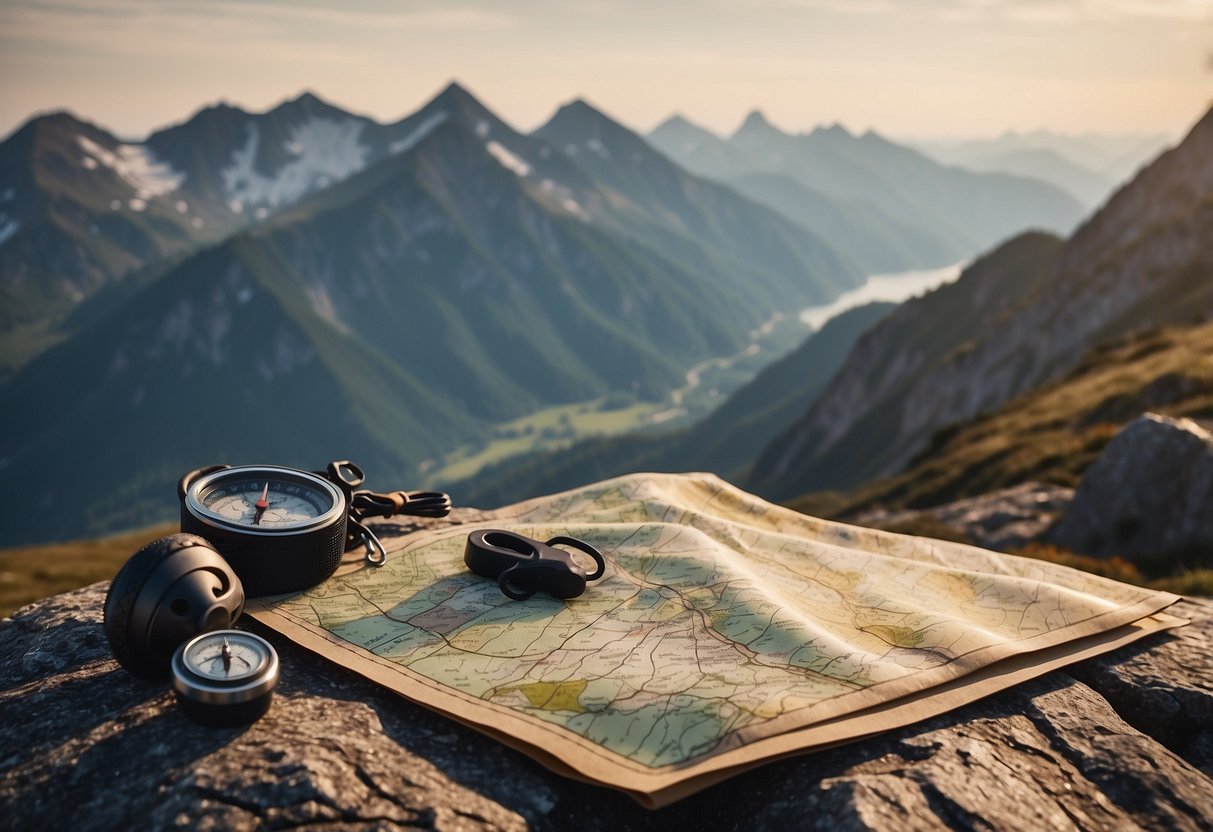 A map laid out on a flat rock, surrounded by climbing gear and a compass. A rugged mountain peak looms in the distance, with a trail marked out