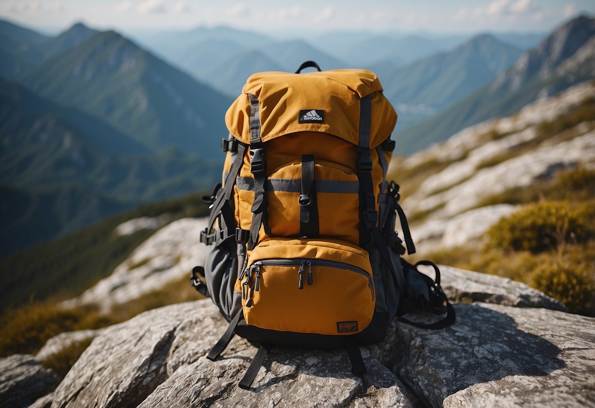 A backpack with climbing gear, rope, carabiners, and a map laid out on a rocky terrain with mountains in the background