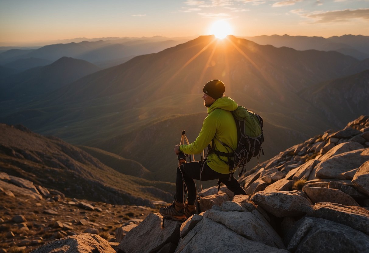 A lone climber scales a rugged mountain peak, surrounded by vast backcountry wilderness. The sun sets in the distance, casting a warm glow over the rocky terrain