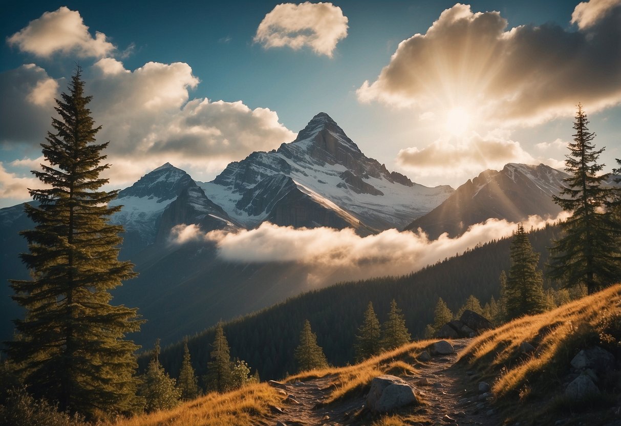 A mountain peak with clouds and sun. A trail winds through rocky terrain. Trees and a river are visible in the distance