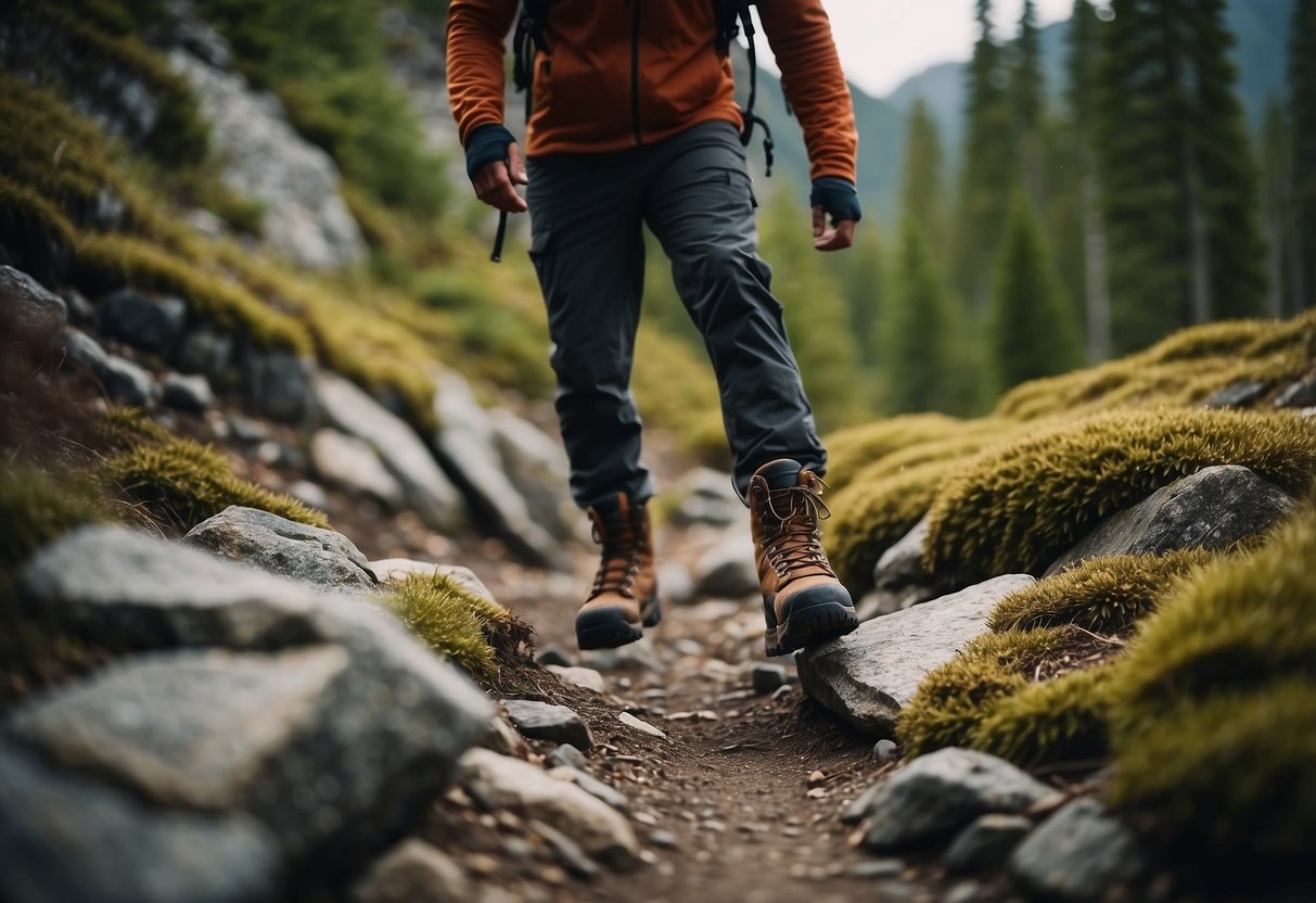 A hiker wearing sturdy boots ascends a rocky trail in a remote wilderness area, surrounded by towering trees and rugged terrain