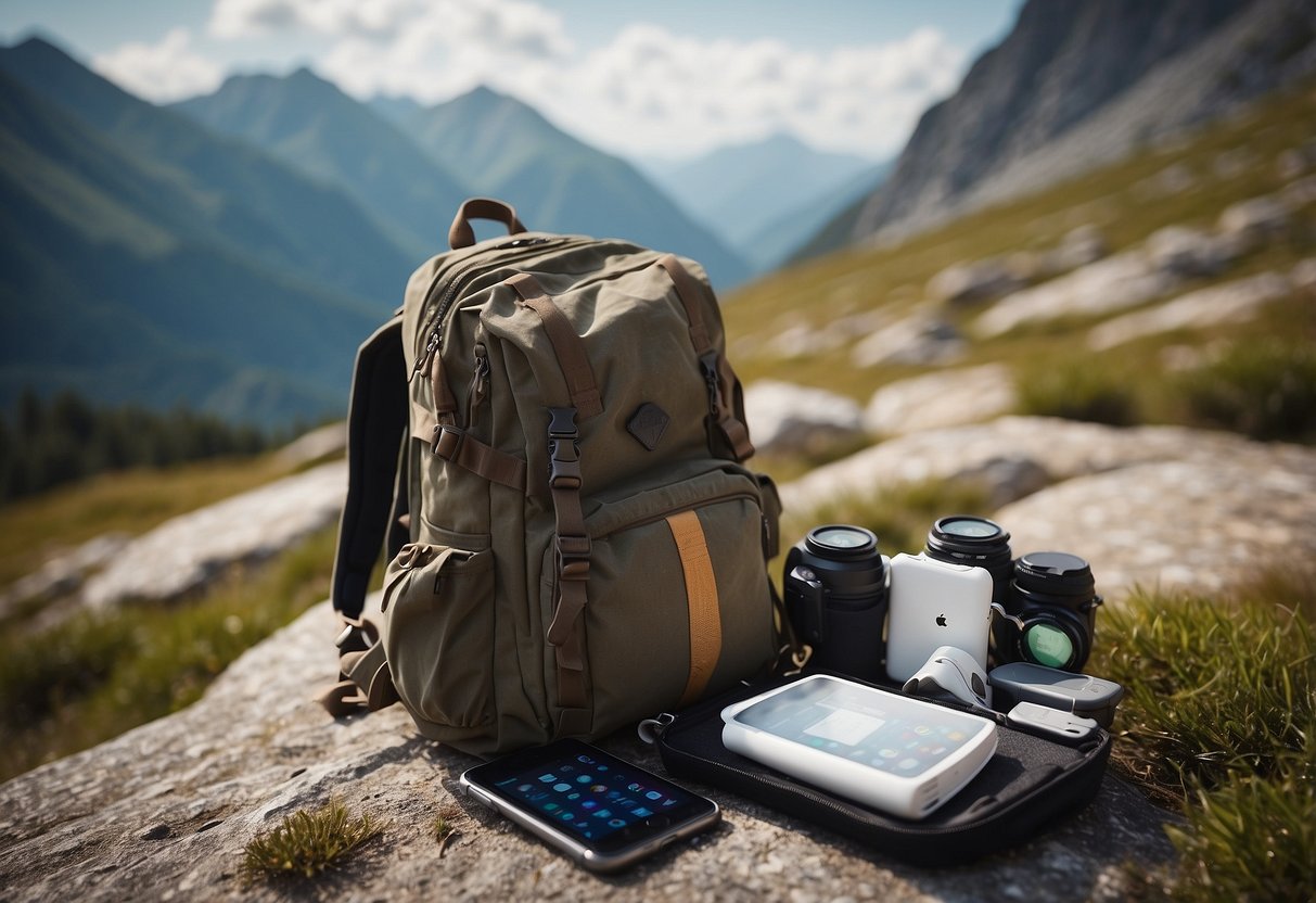 A backpack lies open on the ground, spilling out a compass, map, GPS device, and other navigation tools. A rocky, mountainous landscape stretches out in the background