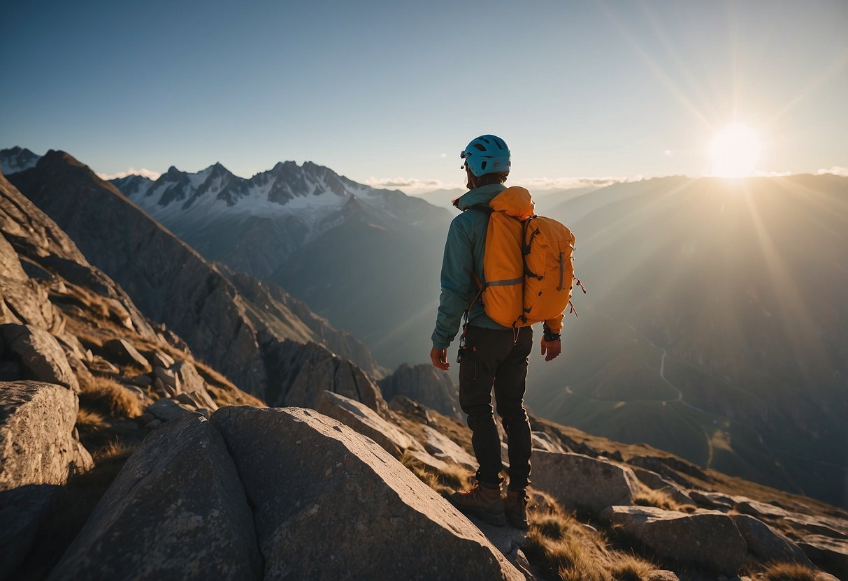 A climber stands at the base of a rocky mountain, wearing a lightweight jacket. The sun shines overhead as the climber prepares to ascend