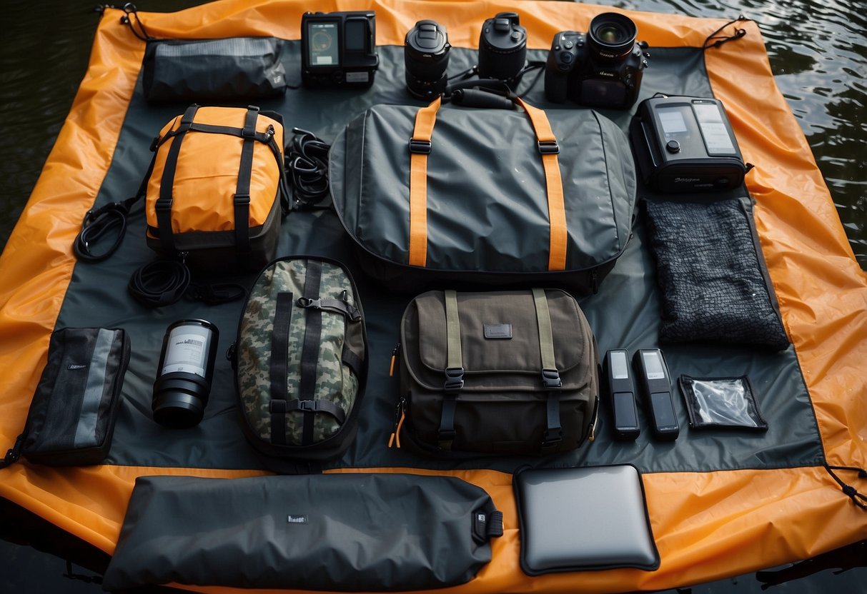 Gear laid out on a waterproof tarp, covered with a rainfly. A dry bag and waterproof cases for electronics. Rope coiled and hanging to air out