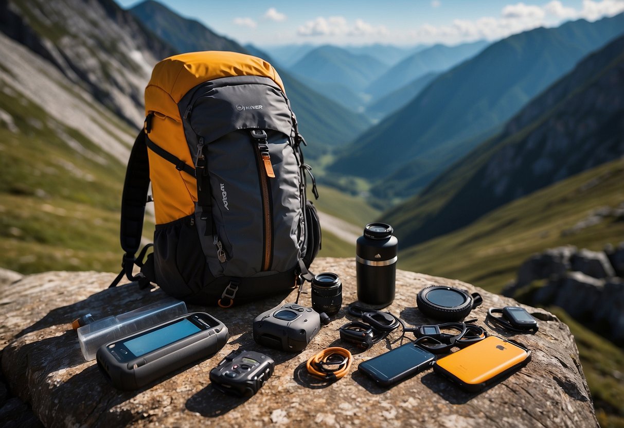 A climber's backpack with 10 waterproof phone cases, carabiners, and climbing gear, set against a rugged mountain backdrop