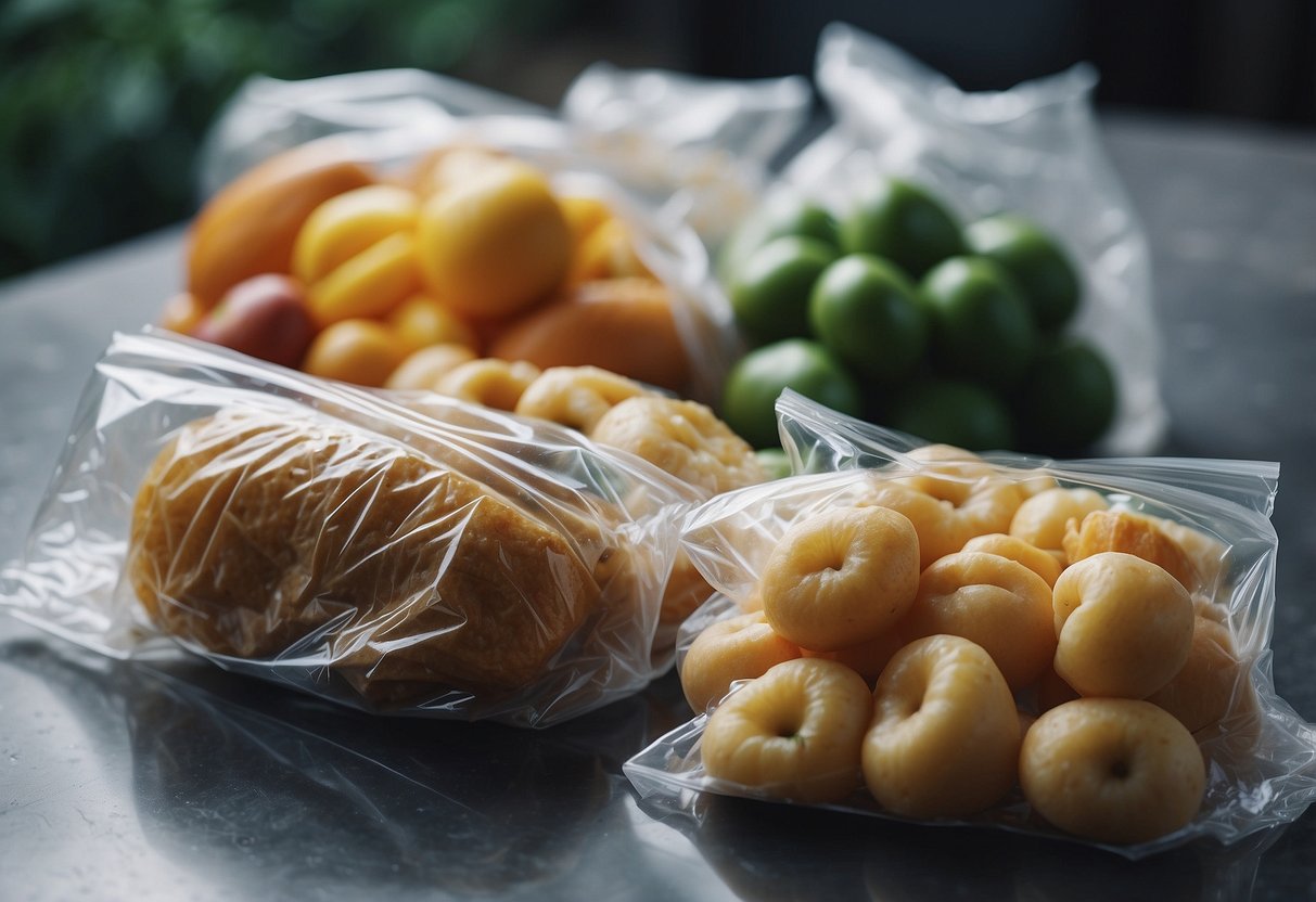 A variety of food items are tightly wrapped in plastic wrap, while climbing gear is shown being protected from moisture in 10 different ways