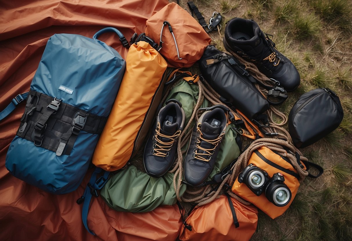 Gear laid out on a dry tarp with waterproof covers and bags. Ropes coiled neatly, carabiners clipped together, and climbing shoes placed upside down to air out