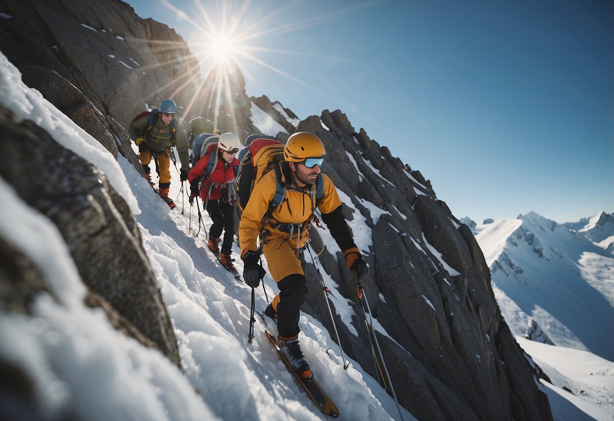 A group of climbers navigate a rocky, snow-covered mountain ridge. The air is thin, and they move slowly, using crampons and ice axes to ascend