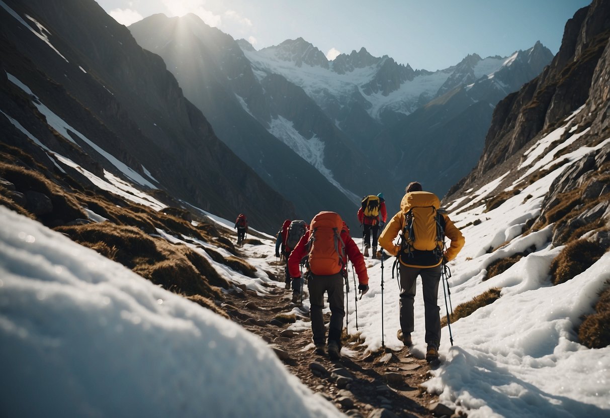 A group of climbers ascend a steep mountain trail, surrounded by towering peaks and thinning air. They pause frequently to catch their breath and sip water, following the advice to acclimatize gradually