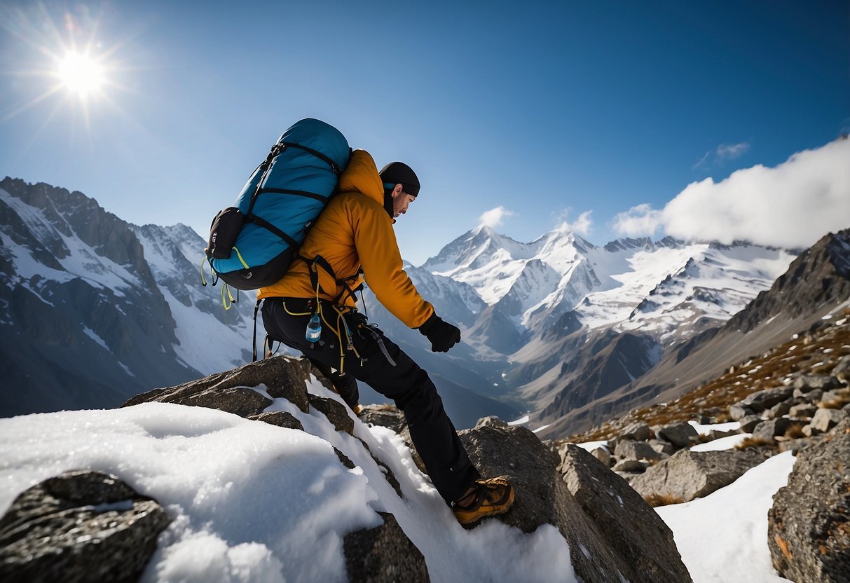 A mountain climber reaching for a water bottle, surrounded by snow-capped peaks and a clear blue sky. Snowflakes fall gently as the climber takes a sip, emphasizing the importance of staying hydrated at high altitudes