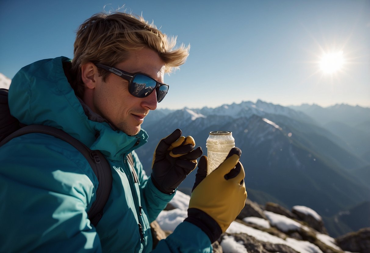 A climber applies sunscreen to protect against high-altitude sun. Gloves and gear lay nearby. Snow-capped peaks loom in the background