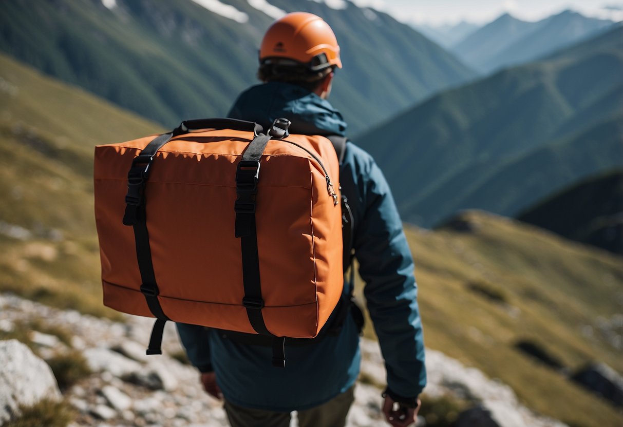 A person carries a first aid kit while climbing in high altitudes