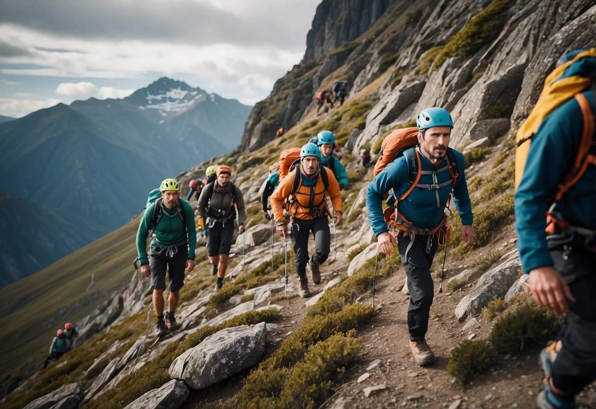 A group of climbers navigate steep, rocky terrain at high altitude. Some struggle with shortness of breath and fatigue, while others move with determination and focus. The air is thin, and the landscape is rugged and unforgiving