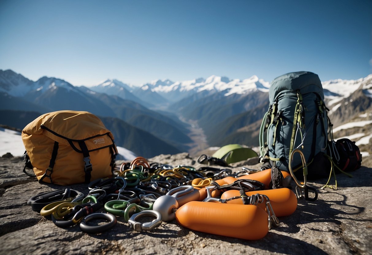 Climbing gear laid out on a rocky surface, oxygen tanks, ropes, and carabiners ready for use. High-altitude setting with snow-capped peaks in the background