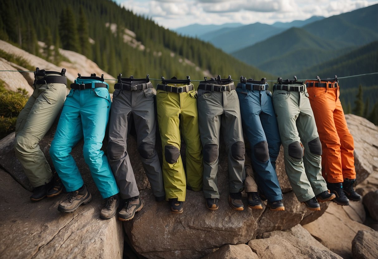 A rocky mountain trail with 5 different pairs of climbing pants neatly laid out, showcasing their comfort and durability