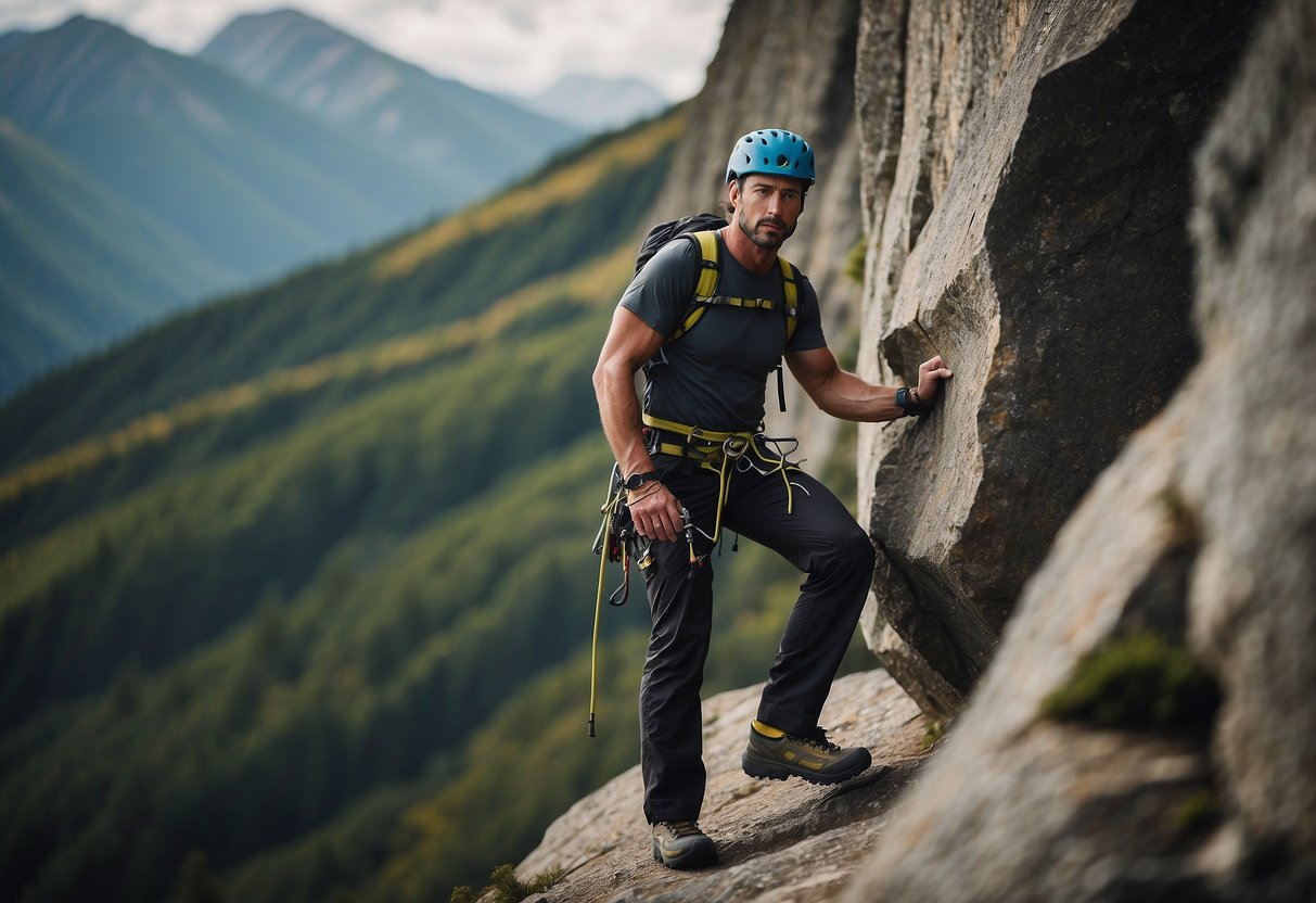 A climber stands at the base of a towering rock wall, wearing Black Diamond Technician Pants. The pants are durable and comfortable, allowing the climber to move with ease as they tackle the challenging route