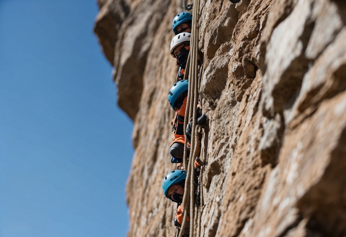 Rock face with multiple handholds and footholds, safety gear including ropes and harnesses, clear blue sky in the background, and a sense of height and challenge