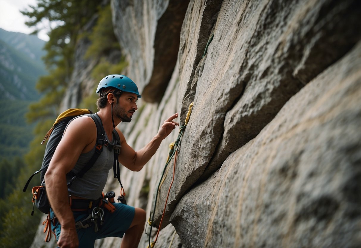 A climber carefully maps out their route, analyzing handholds and footholds, checking for potential hazards, and planning for safe and efficient movement up the rock face