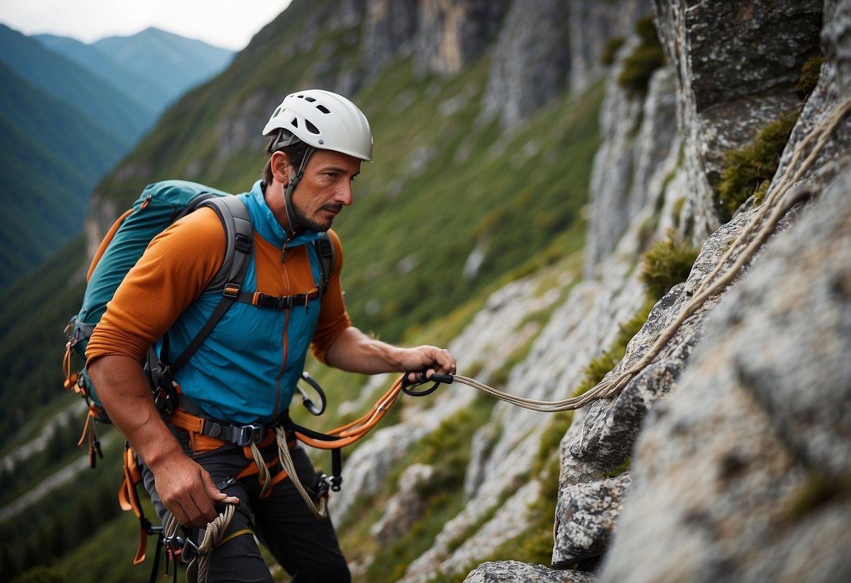 A climber secures a harness, checks gear, and studies a rocky route. Safety equipment includes a helmet, ropes, and carabiners