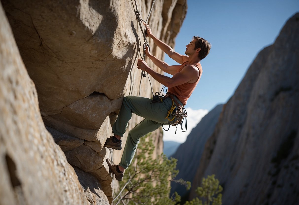 A climber balances on a narrow ledge, reaching for a handhold. The wind whips through the rocky terrain as the climber carefully navigates the vertical surface