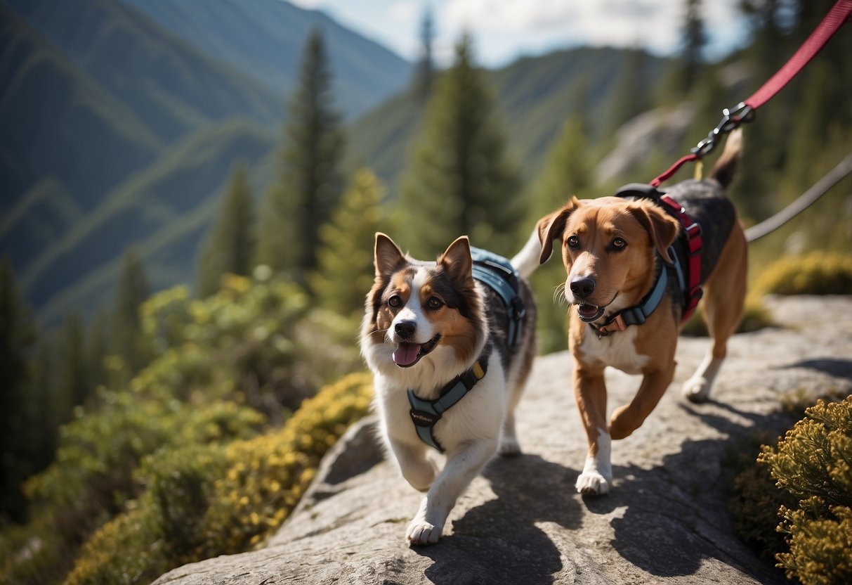 A dog and cat climb a rocky trail with their owners, using harnesses and leashes. The pets navigate obstacles with ease, following their humans' lead