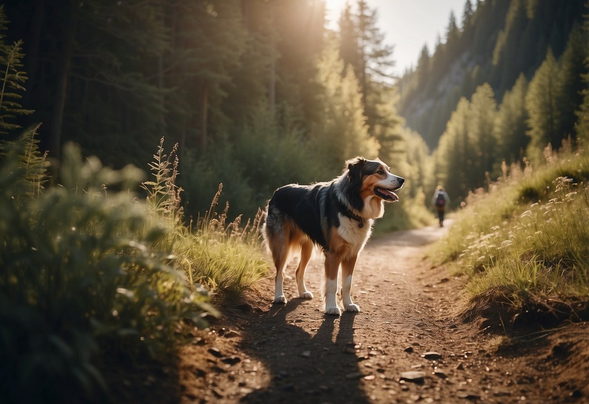 A dog and their owner hike along a scenic trail, passing by pet-friendly signs and enjoying the natural surroundings