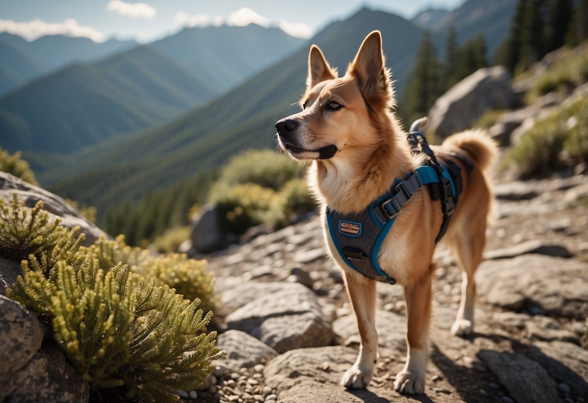 A dog wearing a sturdy harness and leash stands at the base of a rocky mountain trail. A backpack filled with pet supplies is strapped on, and a water bottle is attached. The sun shines overhead as the dog eagerly looks up the trail