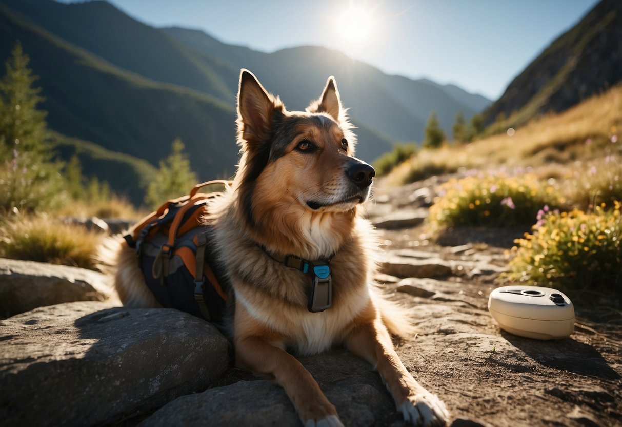 A dog drinks from a water bottle while hiking. A backpack with pet supplies sits nearby. The sun shines on a mountain trail