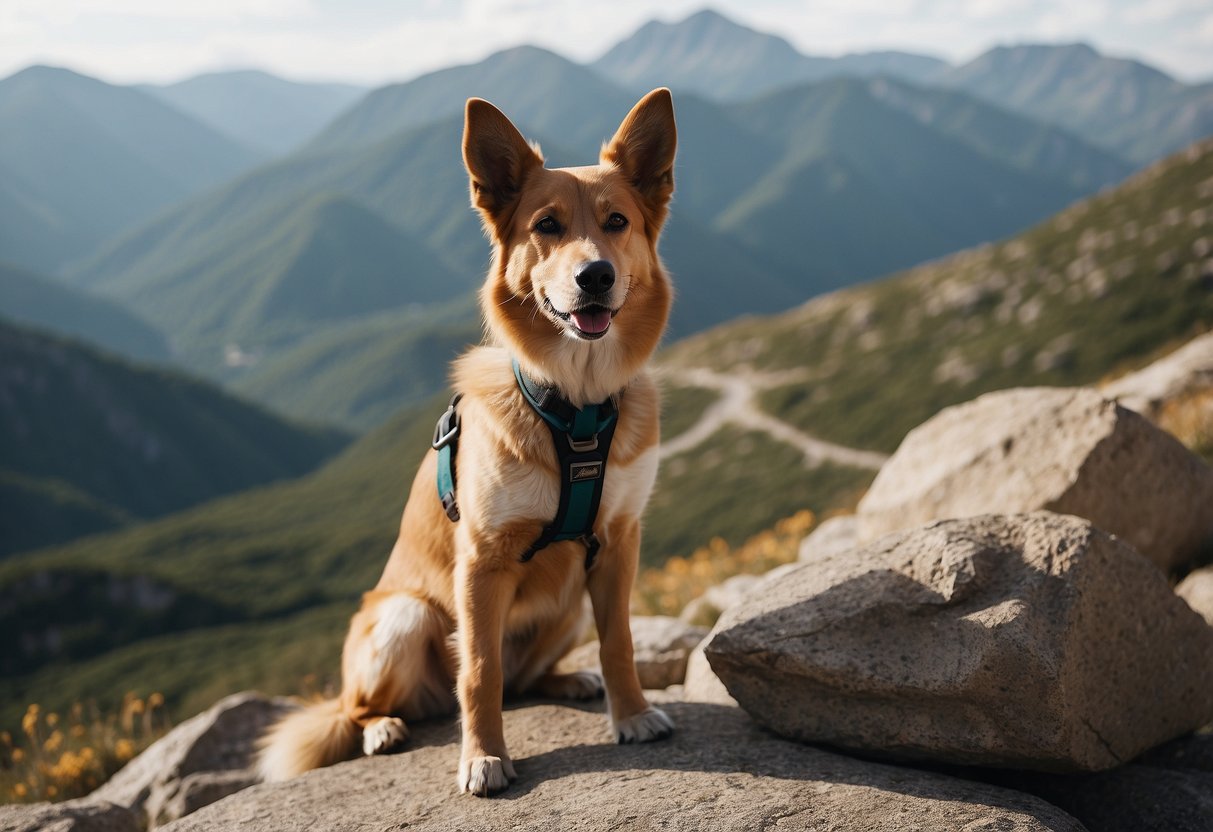 A dog taking a break on a rocky trail, owner offering water and snacks. Pet harness and leash visible. Scenic mountain backdrop